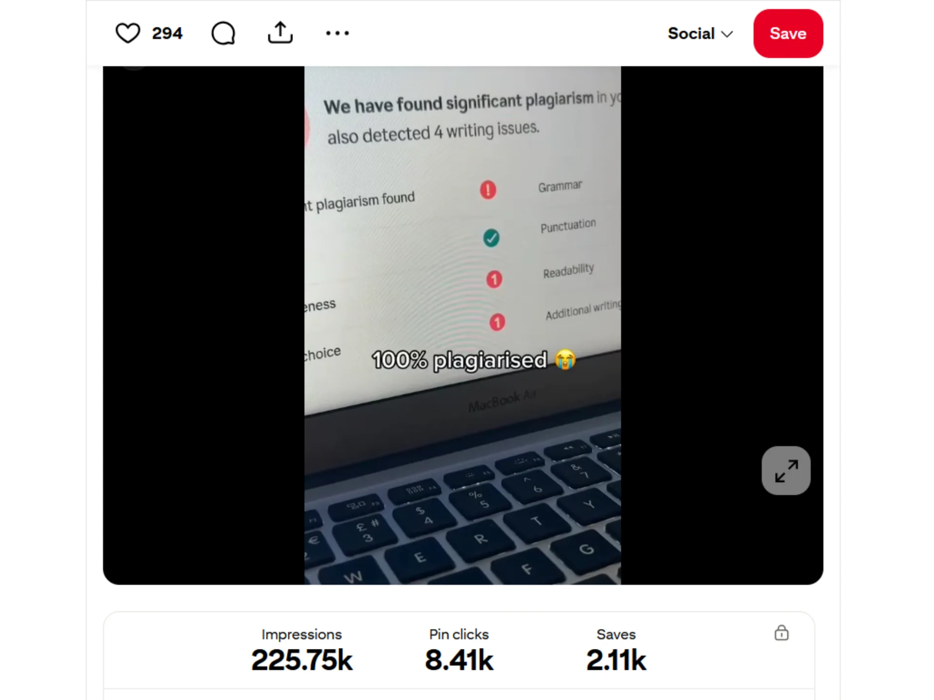 A single Blainy Pinterest video pin: 225.75K impressions, 8.41K pin clicks and 2.11K saves