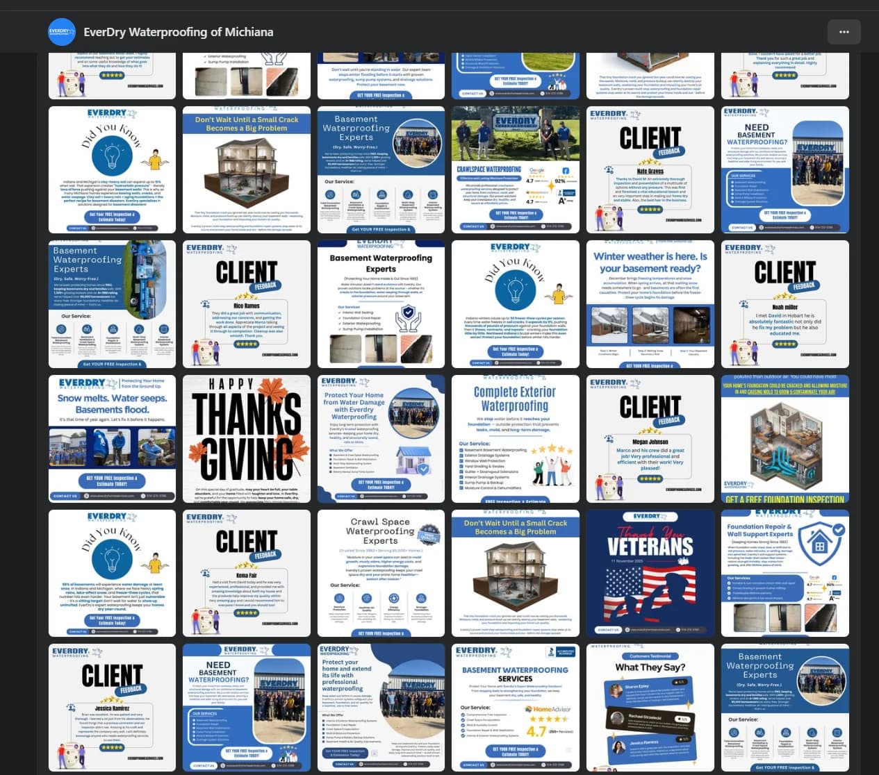 Everdry Waterproofing of Michiana Facebook page grid of posts I designed: Client Feedback reviews, Thanksgiving and Veterans Day posts, Did You Know facts and service promos
