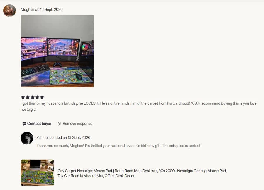 Meghan's 5 star Etsy review with a photo of the City Carpet desk mat on her husband's gaming setup