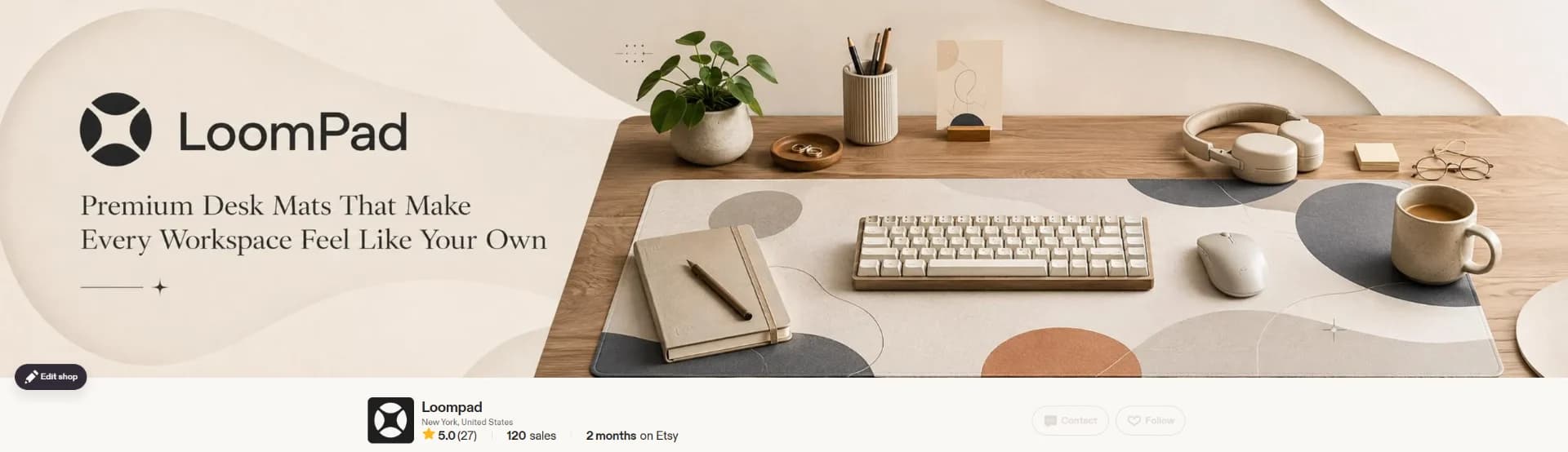 LoomPad Etsy storefront: desk mat banner, 5.0 rating from 27 reviews, 120 sales, 2 months on Etsy