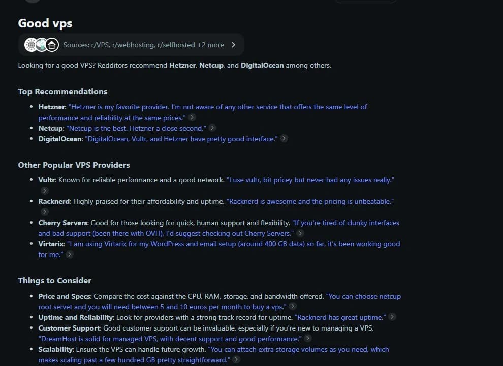 Reddit Answers response to a good VPS question, listing Virtarix among the recommended hosts