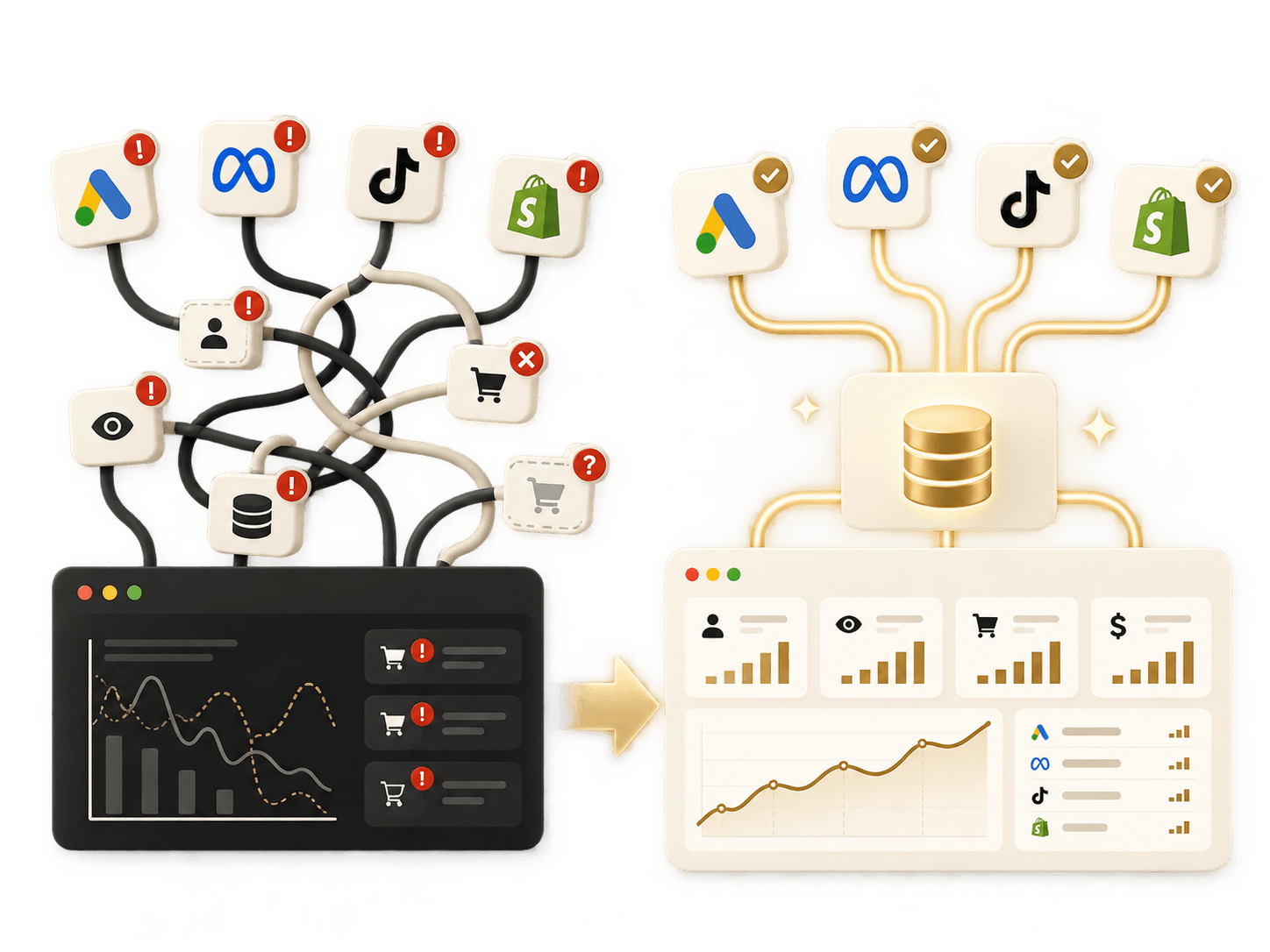 Illustration: tangled, broken tracking across Google, Meta and store feeding a dark dashboard, versus clean connected tracking into one data source and a clear dashboard