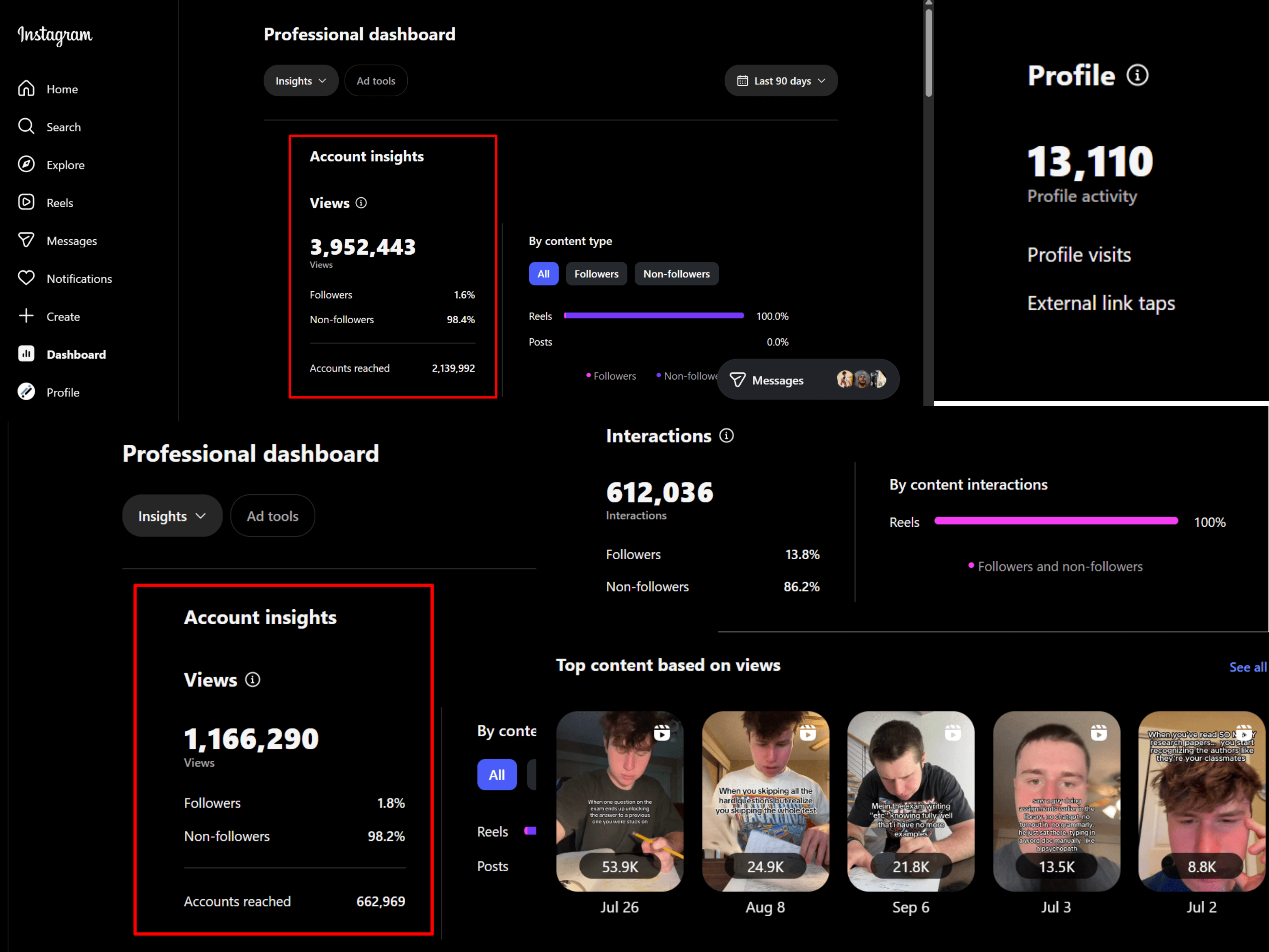 Blainy Instagram, last 90 days: 3,952,443 views, 2,139,992 accounts reached