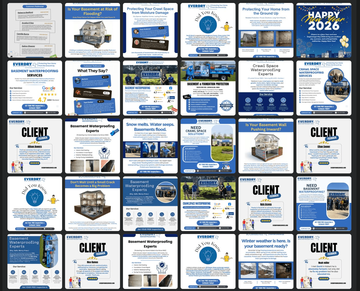 Grid of Everdry post graphics: client feedback, education and service posts