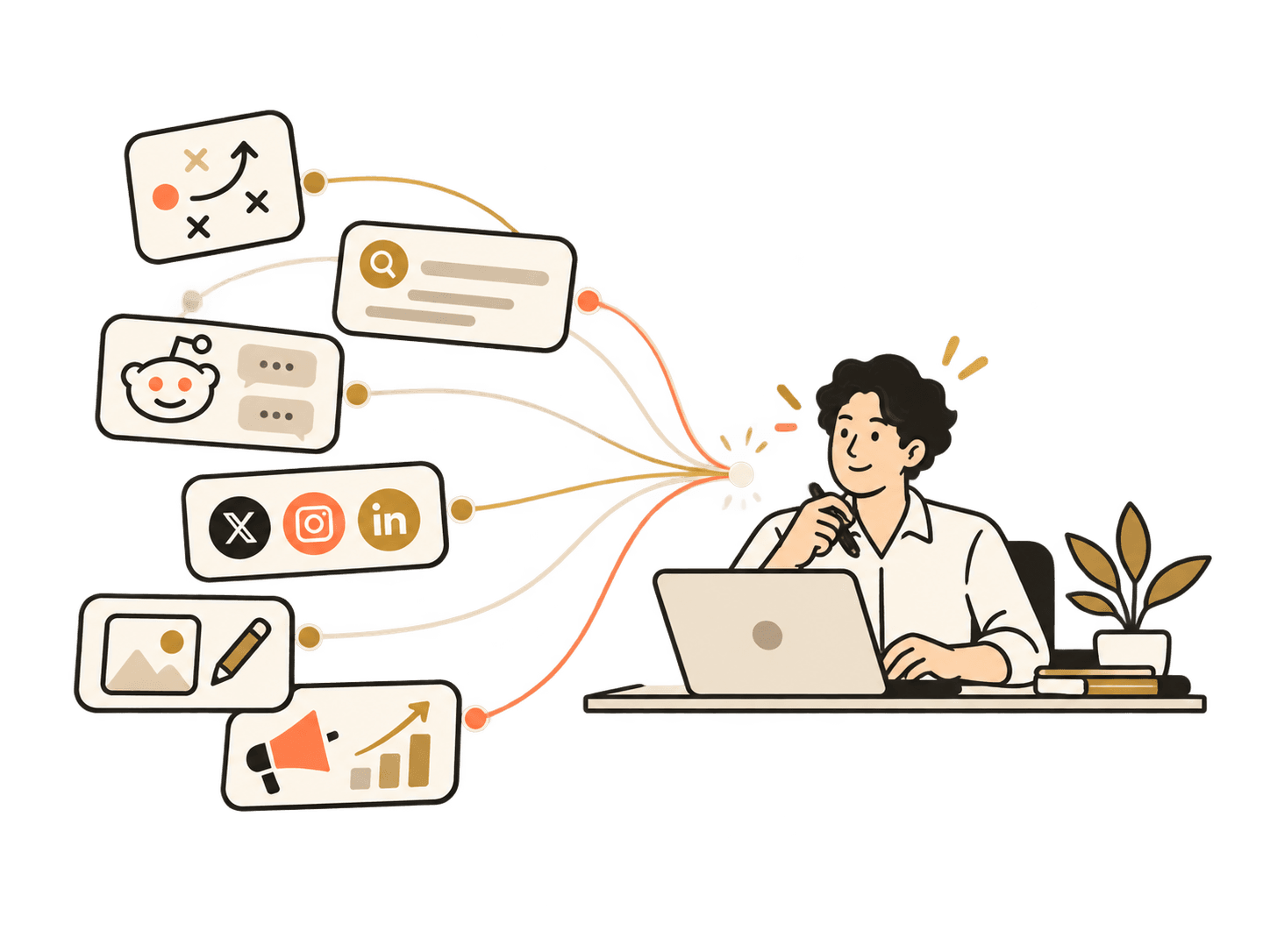 Illustration: strategy, search, Reddit, social, design and ads cards all connecting to one marketer at a desk