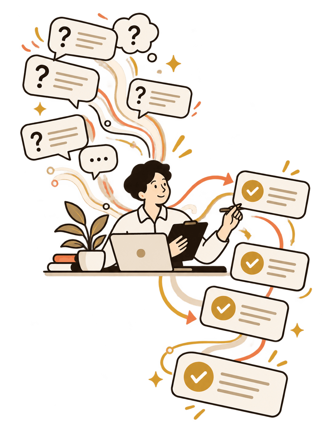 Illustration: questions flowing to a marketer at a desk and coming out as checked answers