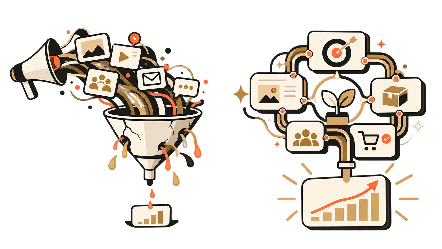 Illustration: disconnected channels pouring into a leaking funnel, next to a connected system feeding growth