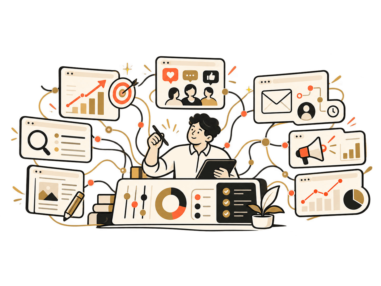Illustration of a founder calmly reviewing marketing dashboards