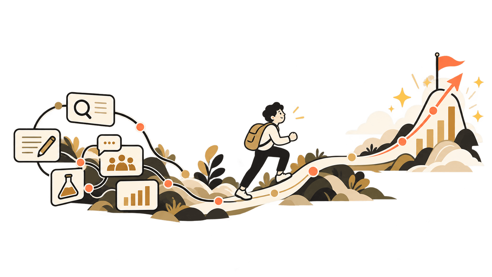 Illustration: a path from content, search, community and experiments up to a growth summit
