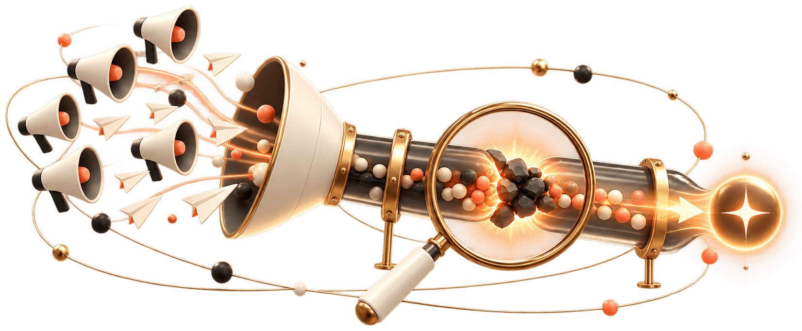 Illustration: many channels pouring into a funnel where a magnifying glass finds the blockage before growth