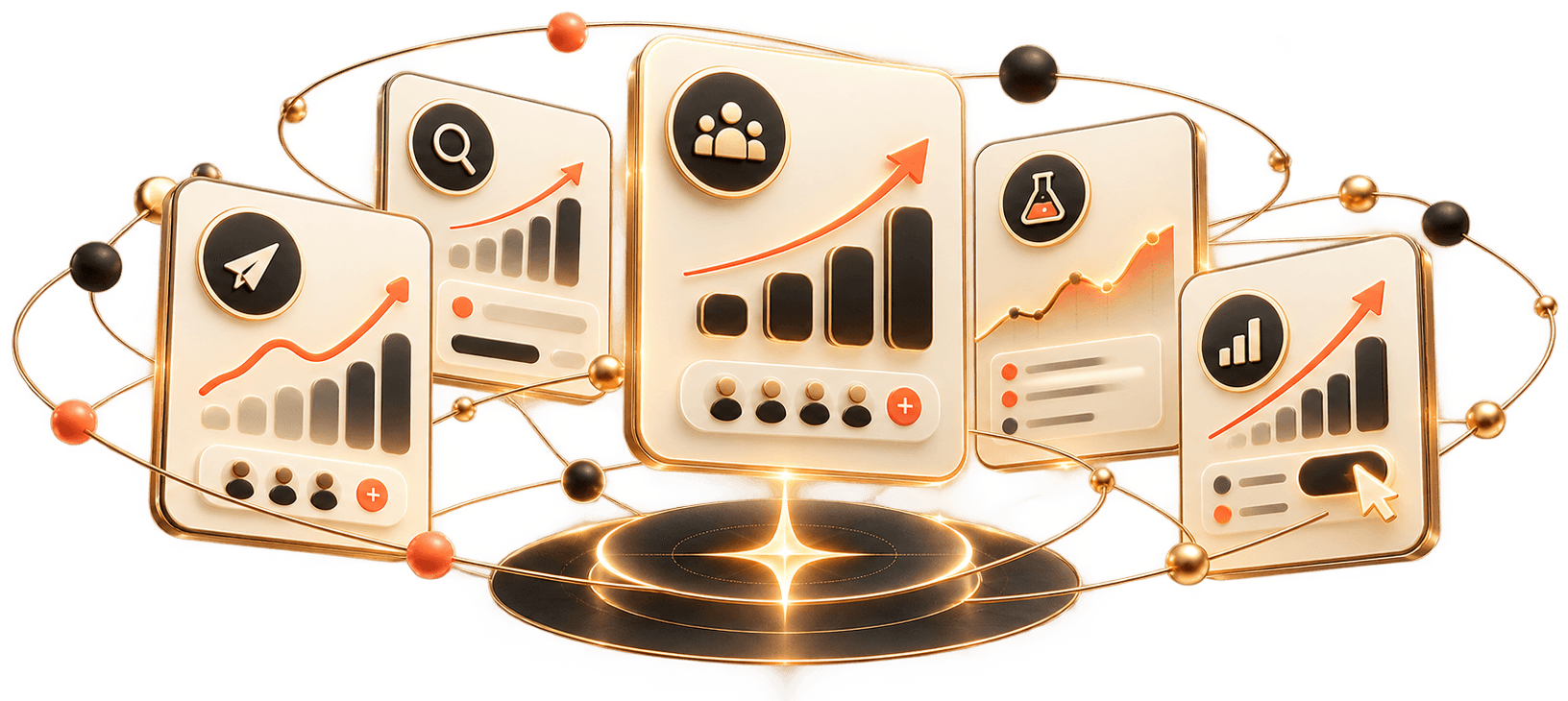Illustration: several growth dashboards rising around one central result