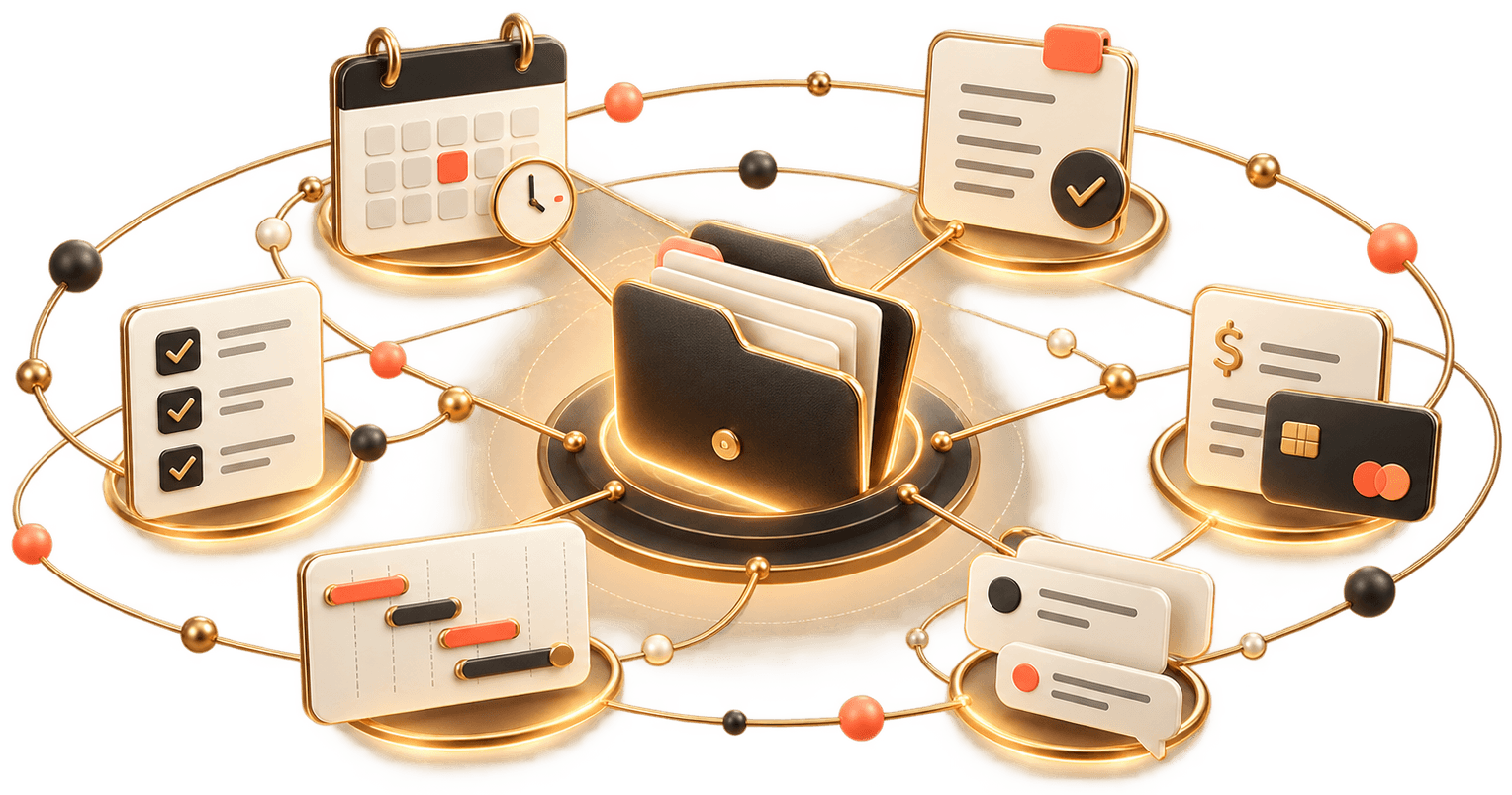 Illustration: calendar, checklists, timeline, documents and invoices organised around one folder