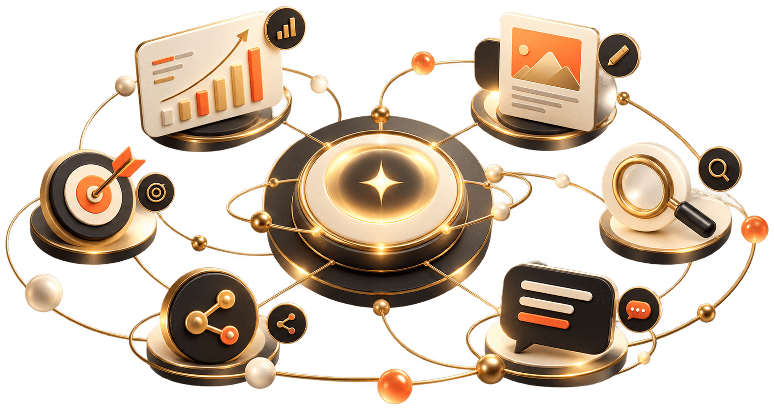 Illustration: analytics, content, targeting, search, sharing and conversation around one core skill set
