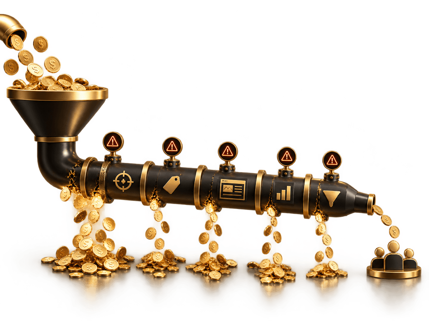 Illustration: ad spend poured into a leaking pipe, losing coins at targeting, offer, landing page, tracking and funnel before reaching customers