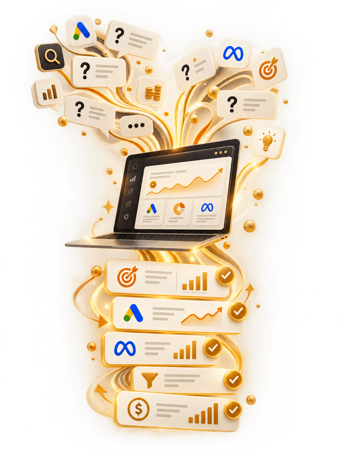 Illustration: scattered ad questions going into a laptop and coming out as clear, checked answers