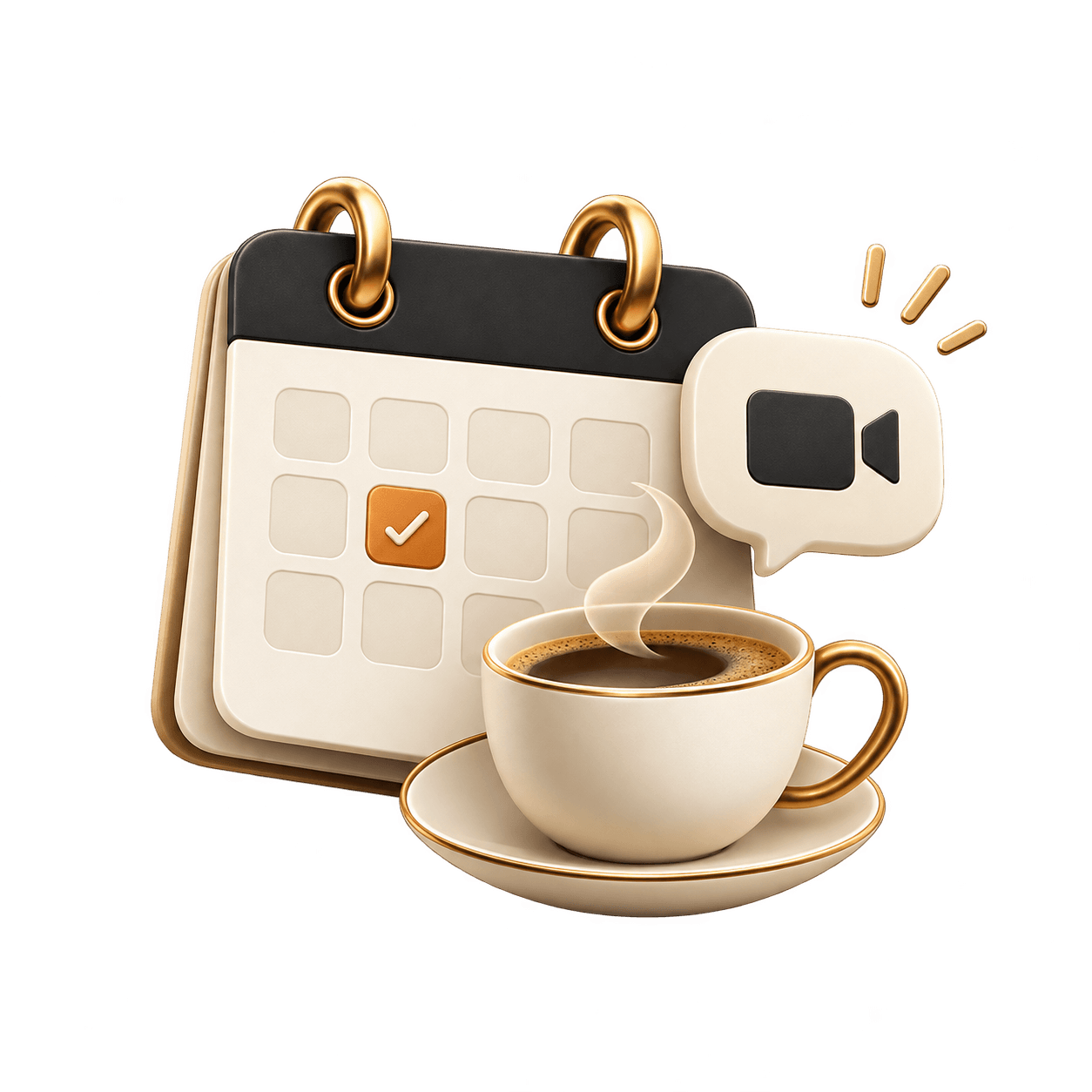 Calendar with a booked slot, video call bubble and coffee