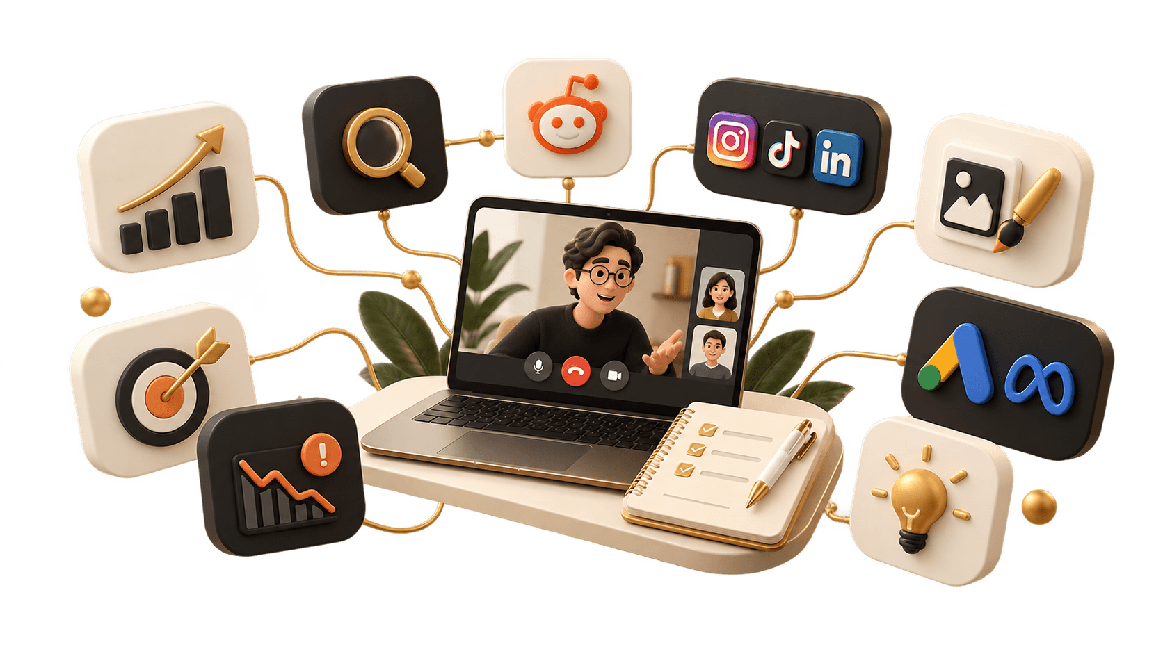 Illustration: a video call surrounded by growth, SEO, Reddit, social, design, ads and strategy topics