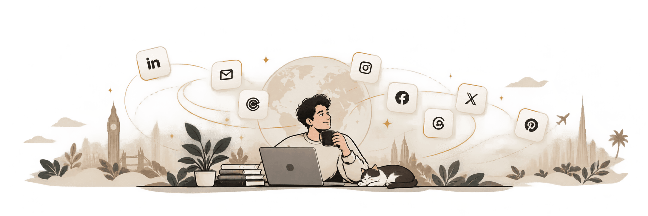 Illustration: working from a desk with coffee while LinkedIn, email, Calendly, Instagram, Threads, X and Pinterest connect around the world