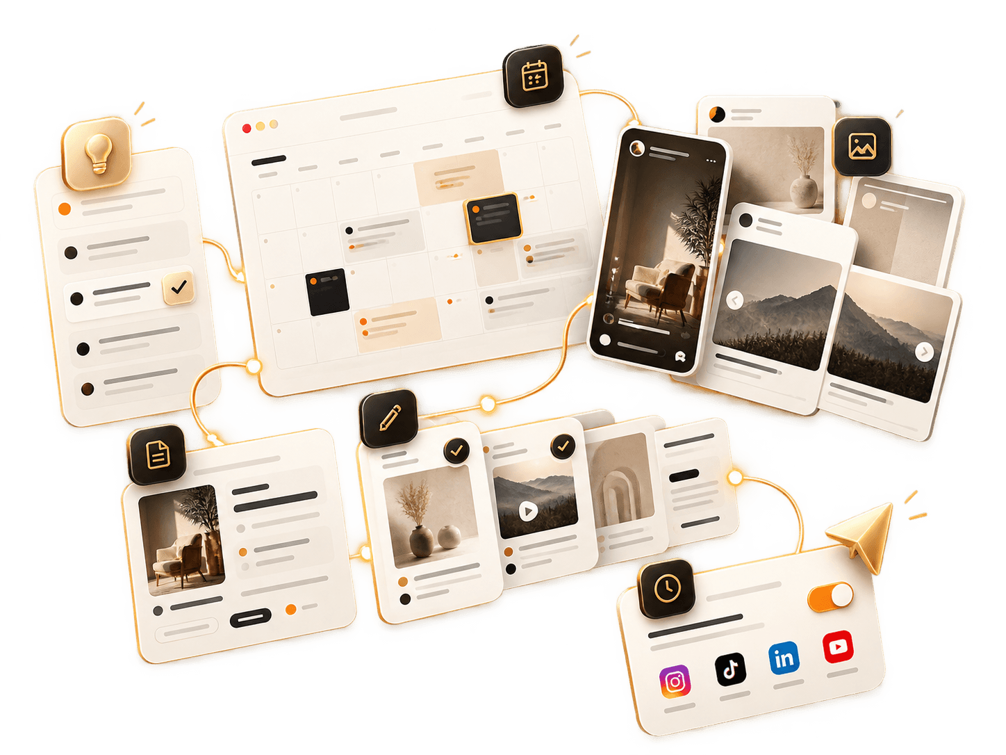 Illustration: ideas, a content calendar, articles, graphics and scheduled posts working as one content system