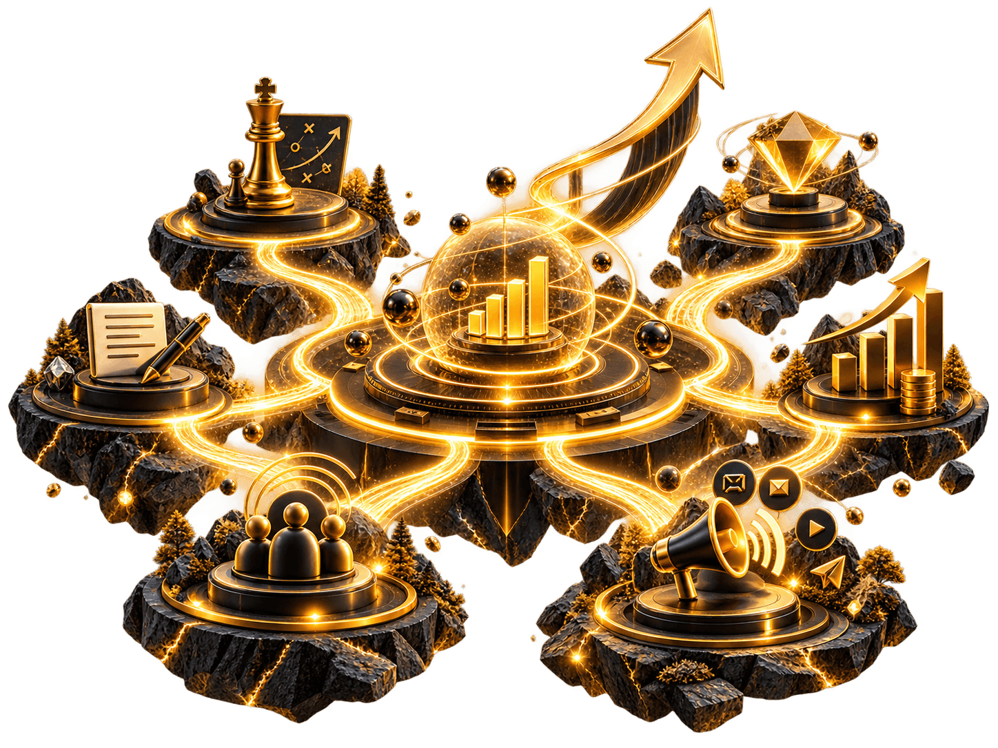 Illustration: strategy, content, audience, channels, offer and results all connected to one growth system