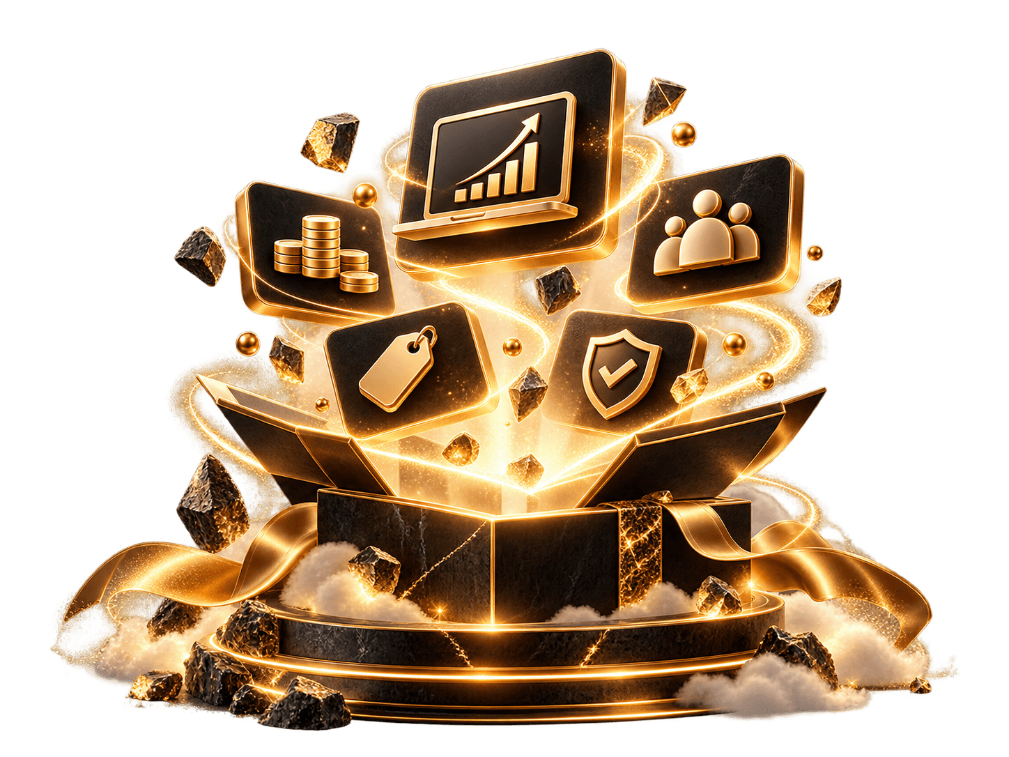 Illustration: an offer box opening into pricing, packaging, value and guarantee