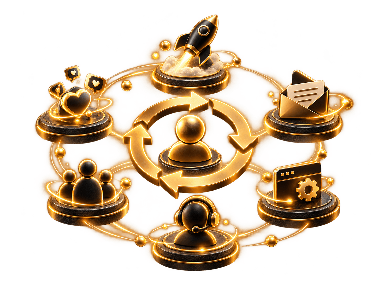Illustration: a customer at the centre of onboarding, email, support and community loops