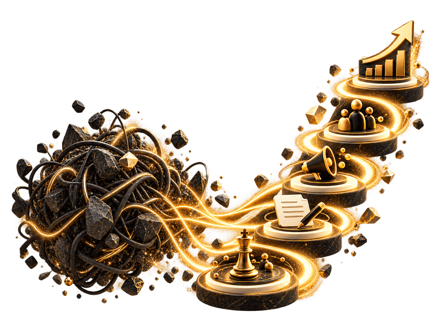 Illustration: a tangled knot of activity turning into a clear path of strategy, content, channels, audience and growth