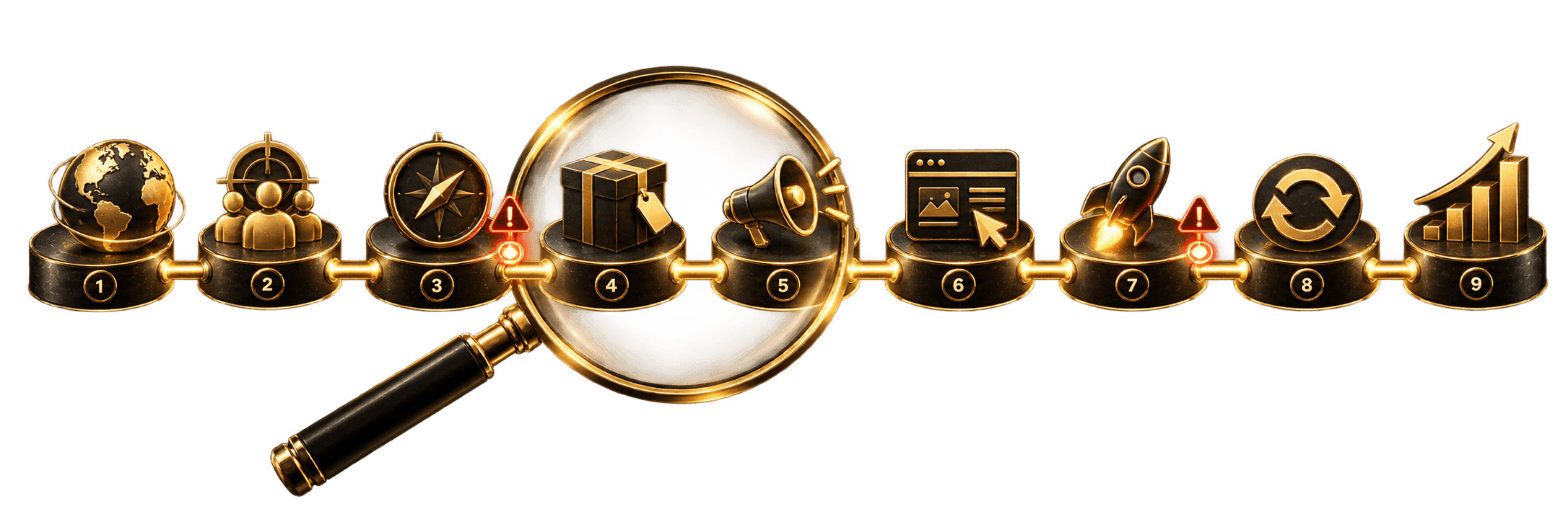 Growth system: market, ICP, positioning, offer, channel, landing page, activation, retention and revenue as nine connected stages, with a magnifier on the weak points