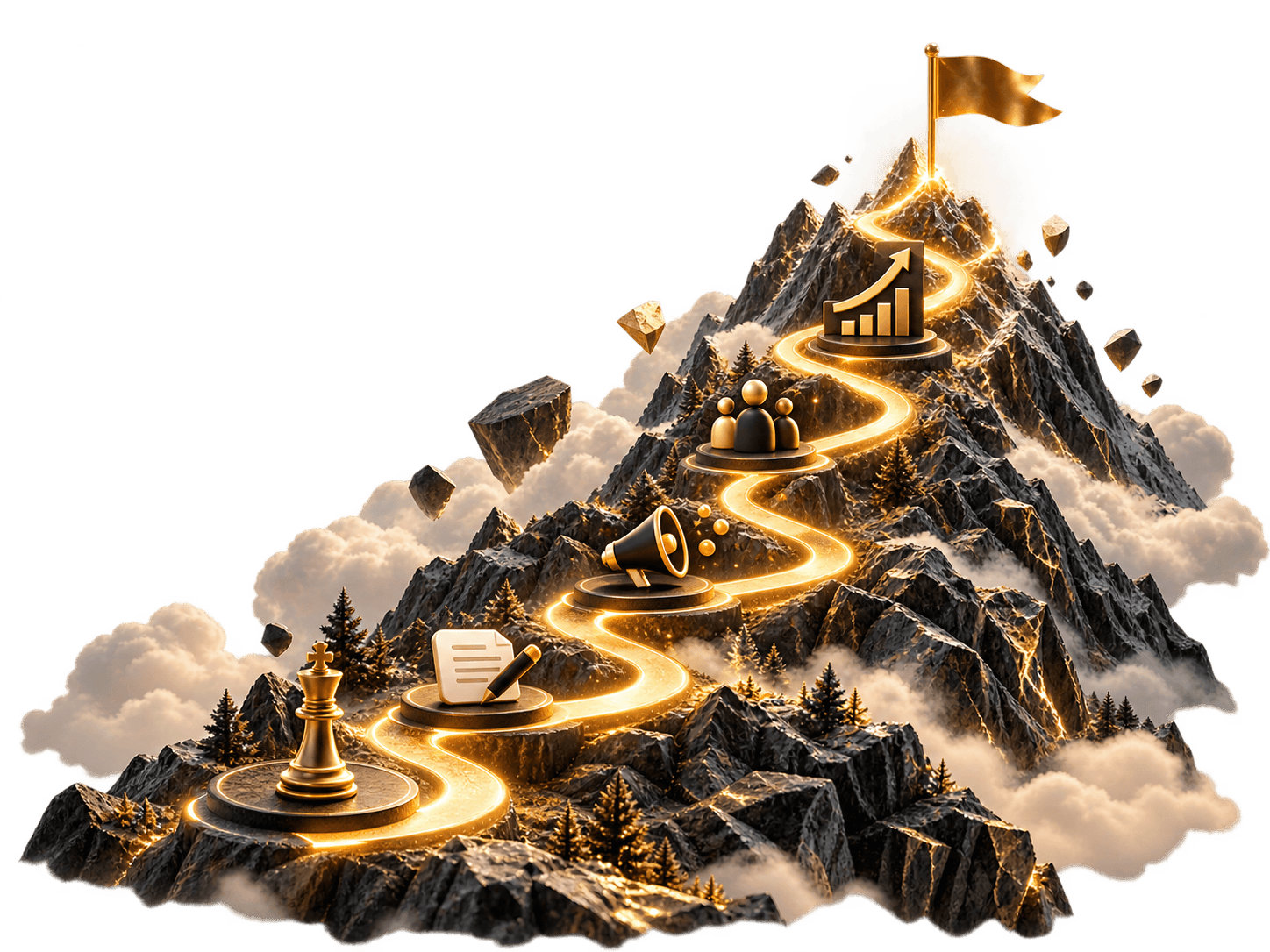 Illustration: a mountain path with five stops, strategy, plan, channels, audience and growth, up to a flag