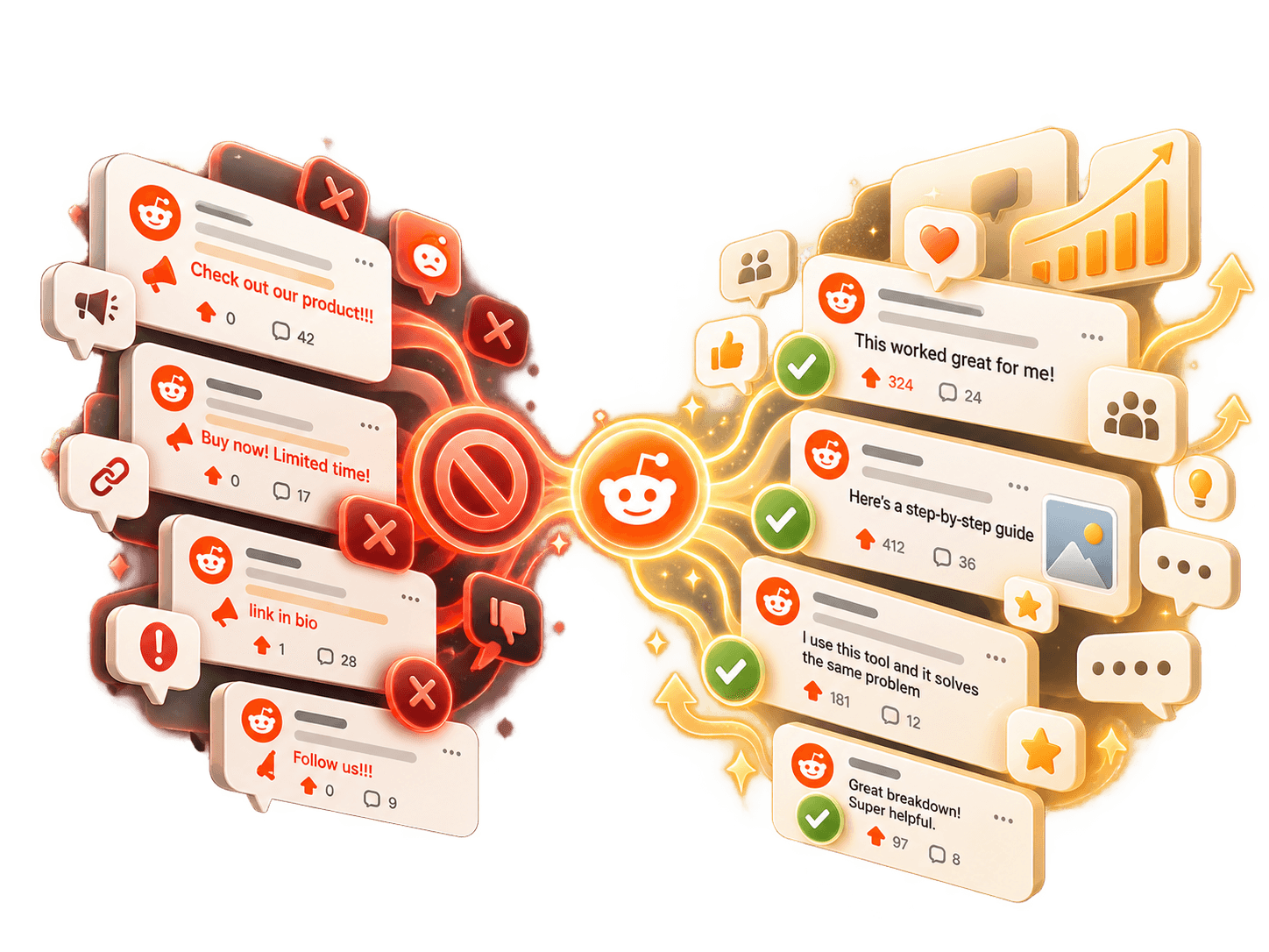 Promotional posts getting blocked versus helpful posts gaining upvotes