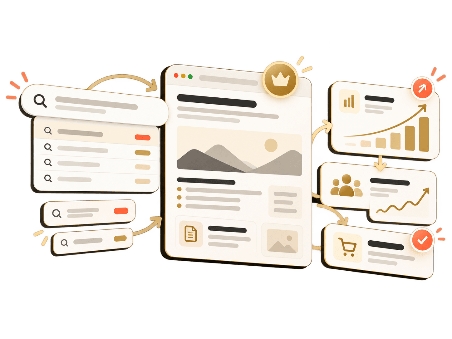 Illustration: search queries leading to a top-ranked page, which feeds traffic, audience growth and sales