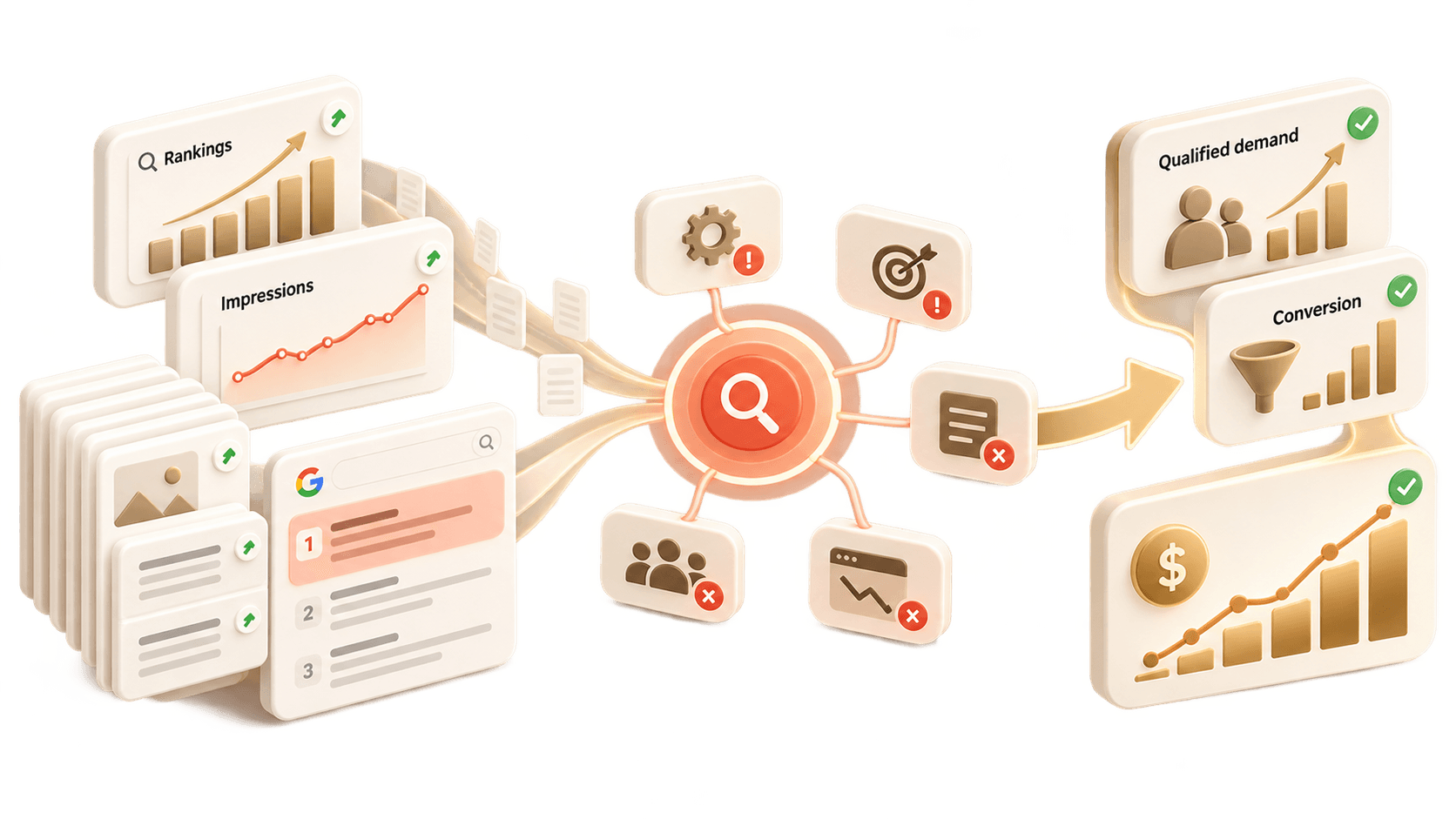Illustration: rankings and impressions flow into one search hub with several possible blockers before qualified demand, conversion and revenue