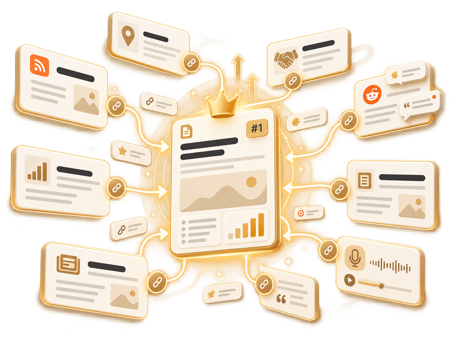 Illustration of Search strategy: queries clustered by intent, SERP research, then one page built to win