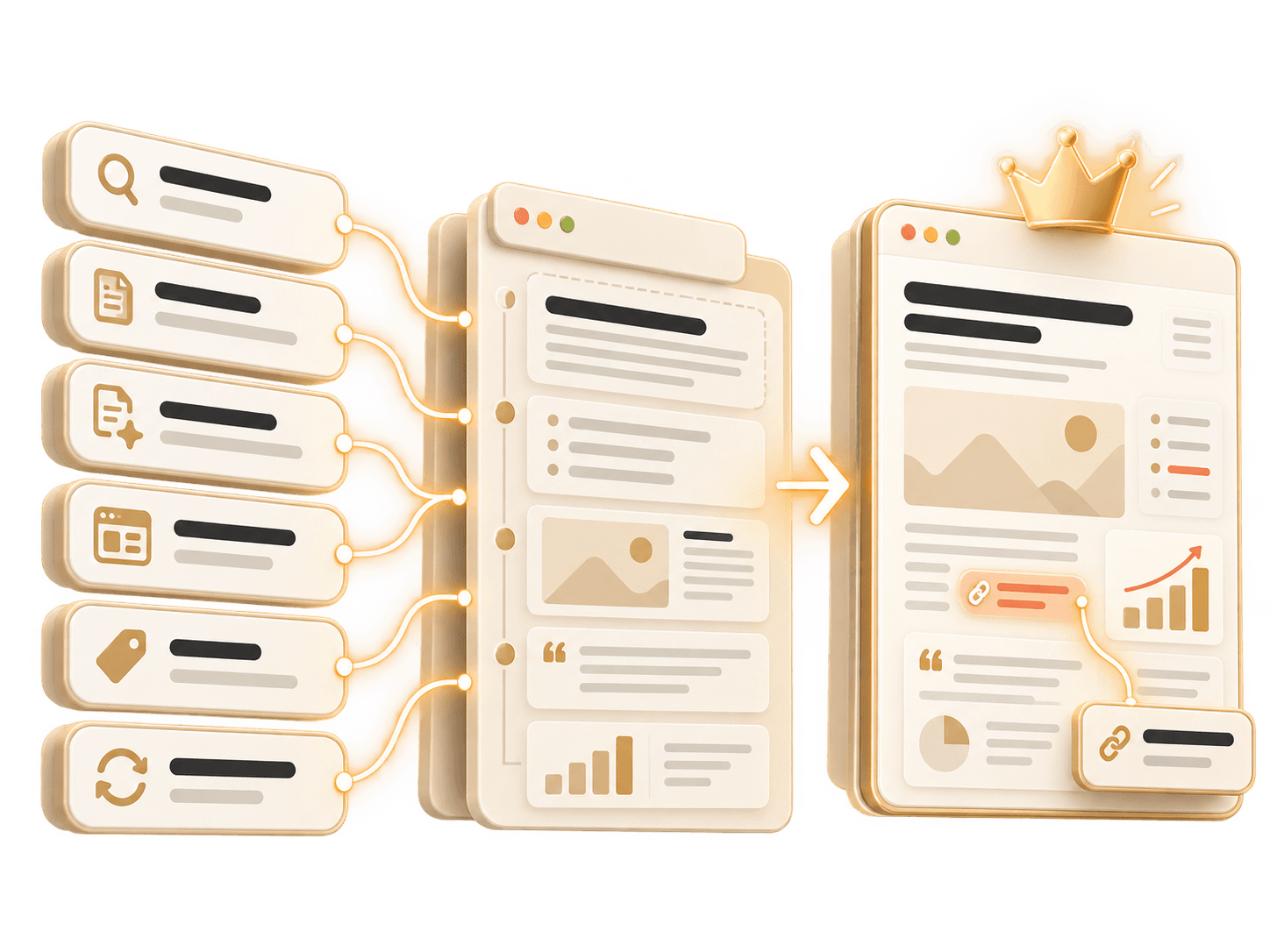 Illustration of Technical SEO: crawl blocks and orphan pages fixed into a clean, indexed site structure