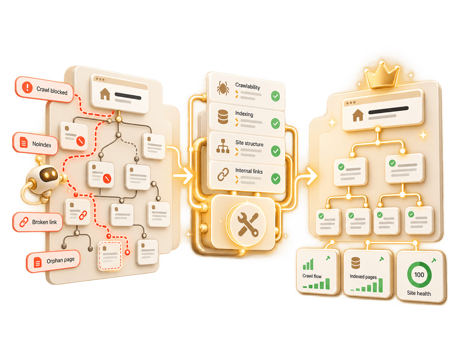 Illustration of Content: search inputs shaped into an outline, then a complete page that ranks