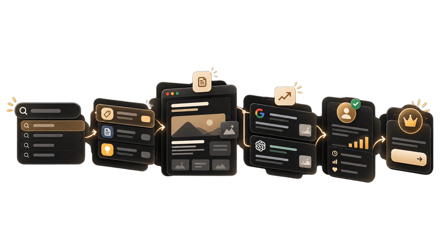 Illustration: a search query, intent, a page, Google and ChatGPT visibility, a qualified visitor and a conversion