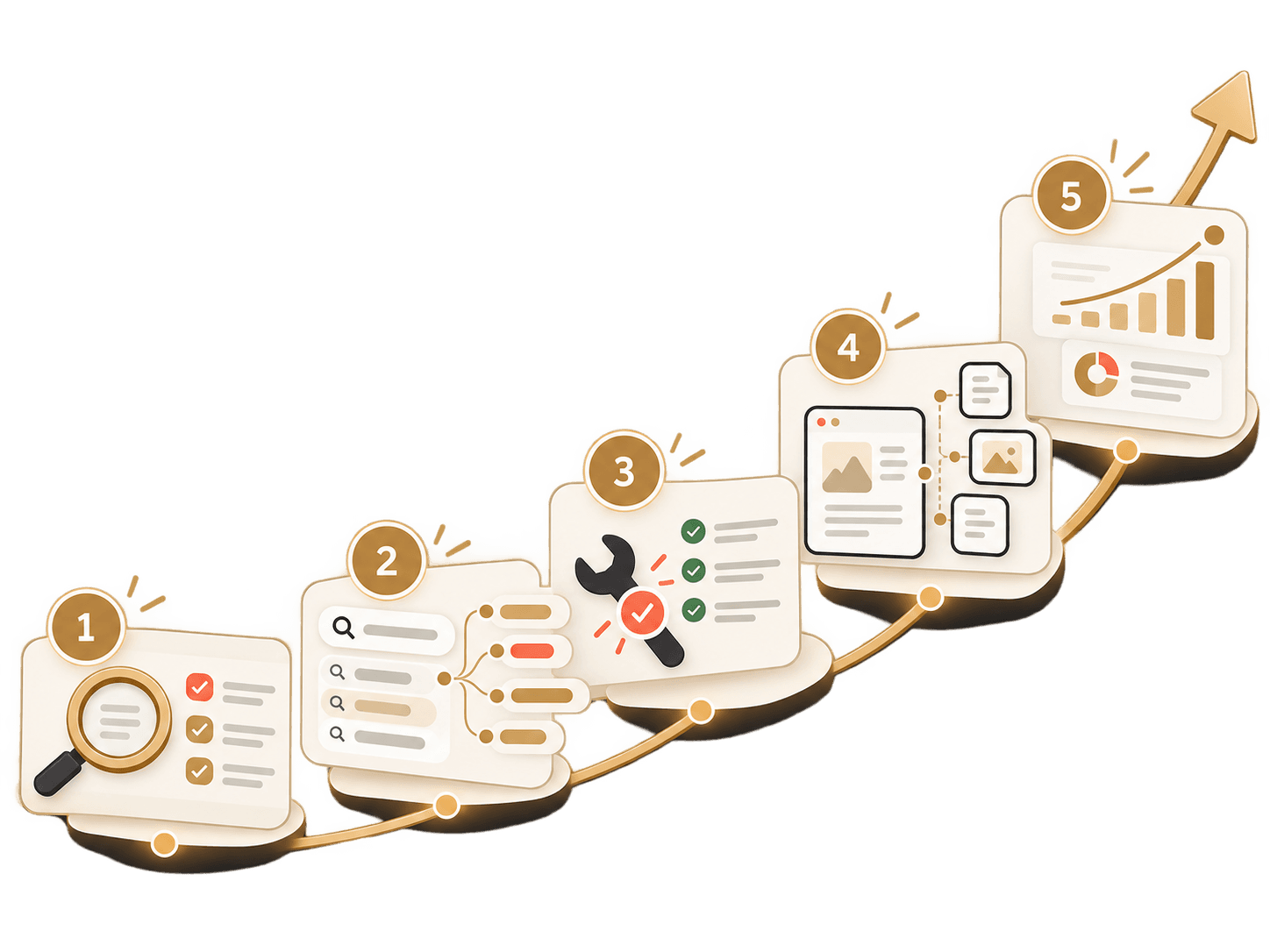 Illustration: five steps rising left to right, from audit and demand mapping to fixes, new pages and measured growth
