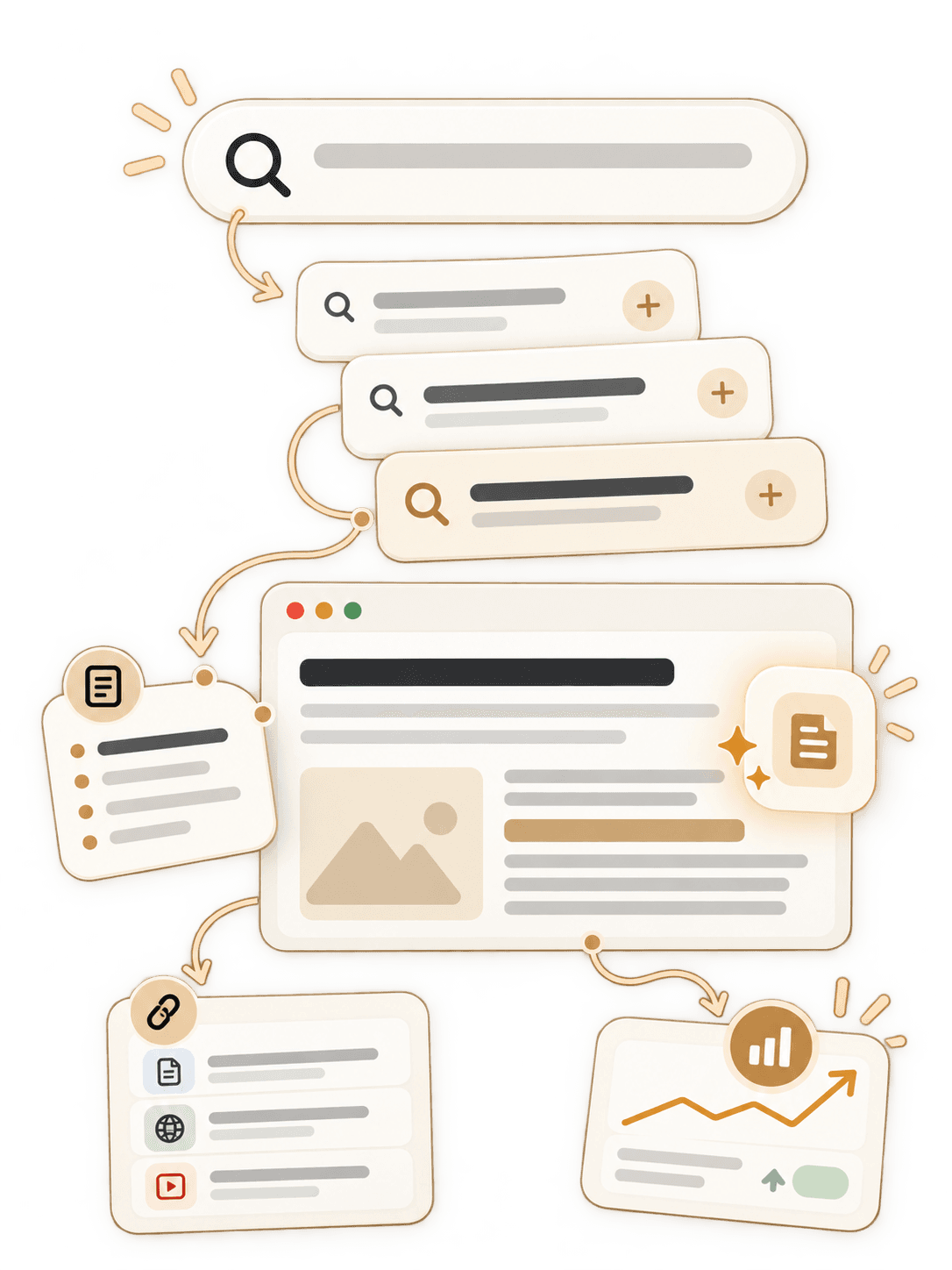 Illustration: a search leading to query refinements, a useful page, supporting links and a growth chart