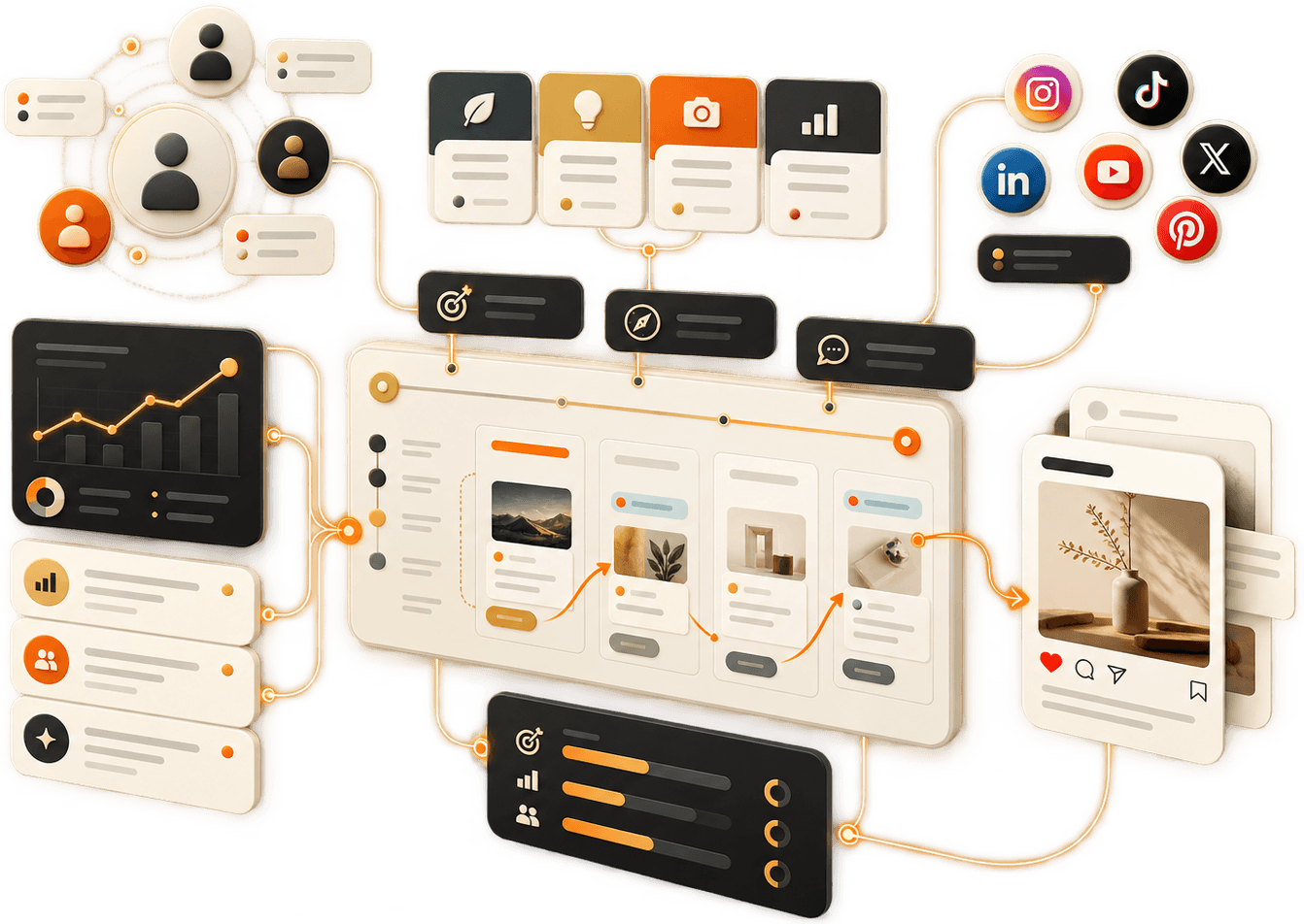 Illustration: audience, pillars and platforms connected into one content plan
