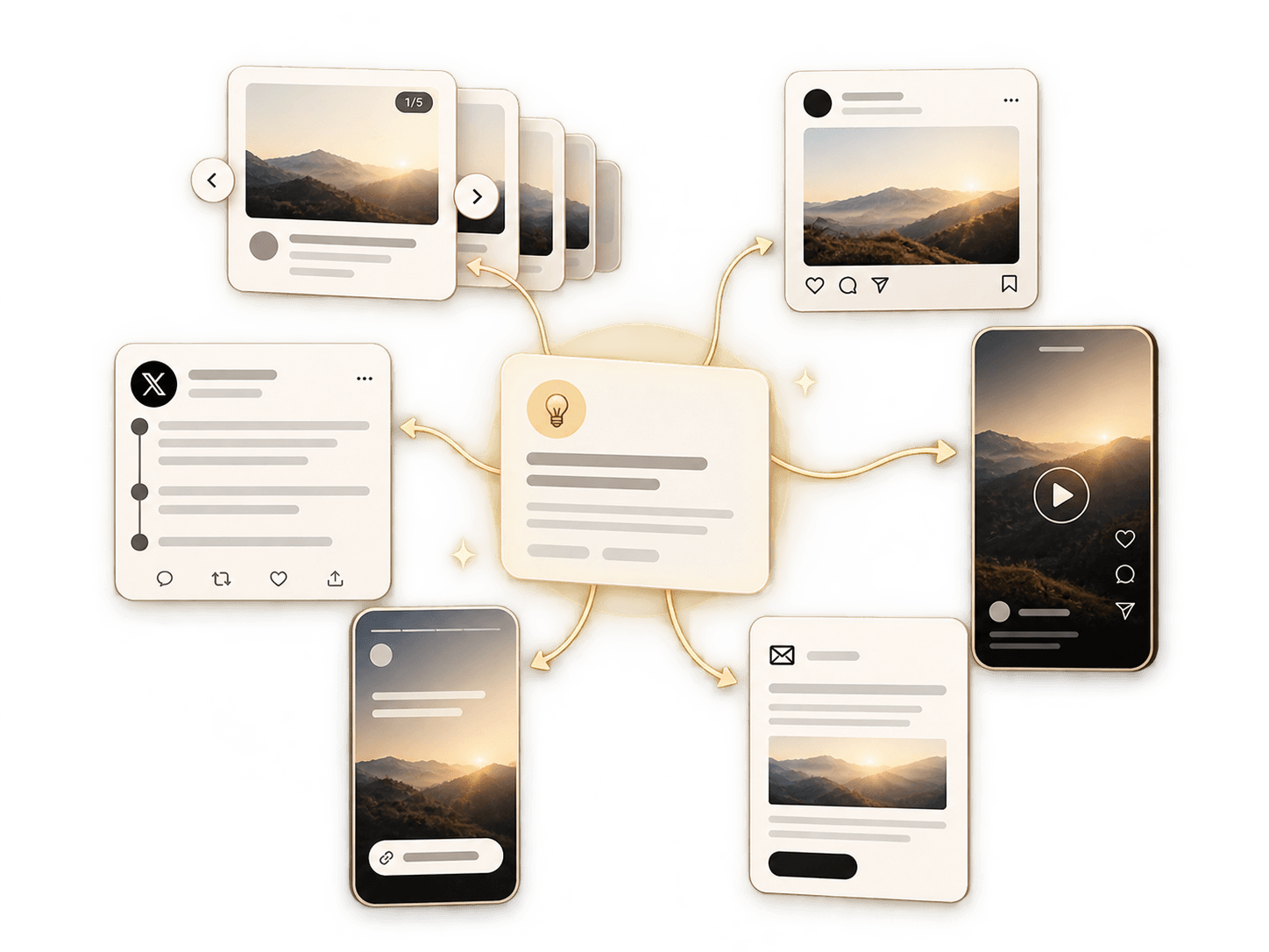 Illustration: one idea branching into a carousel, a feed post, an X thread, a short video, a story and an email