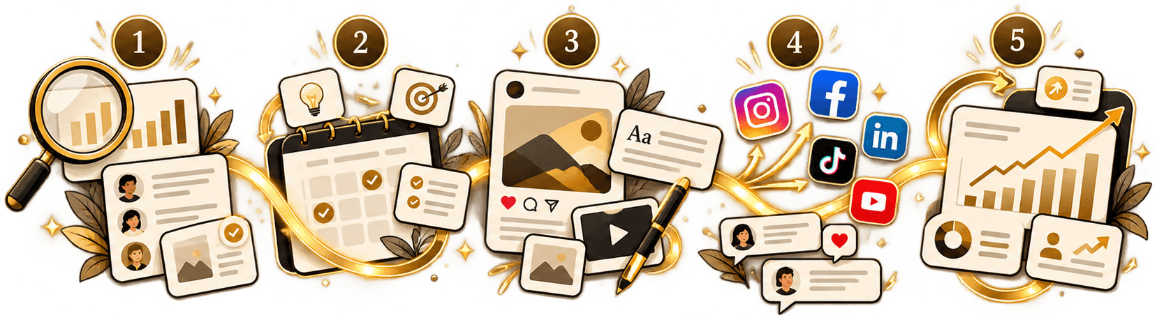 Illustration: five steps, audit, plan, create, distribute and learn, connected by one path