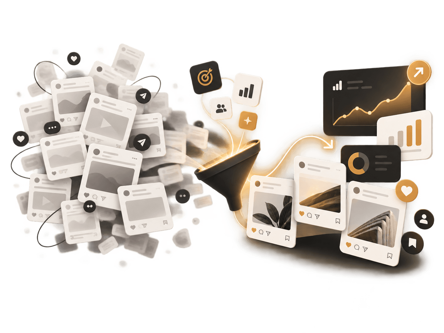 Illustration: a pile of scattered posts filtered into a few strong posts that feed growth