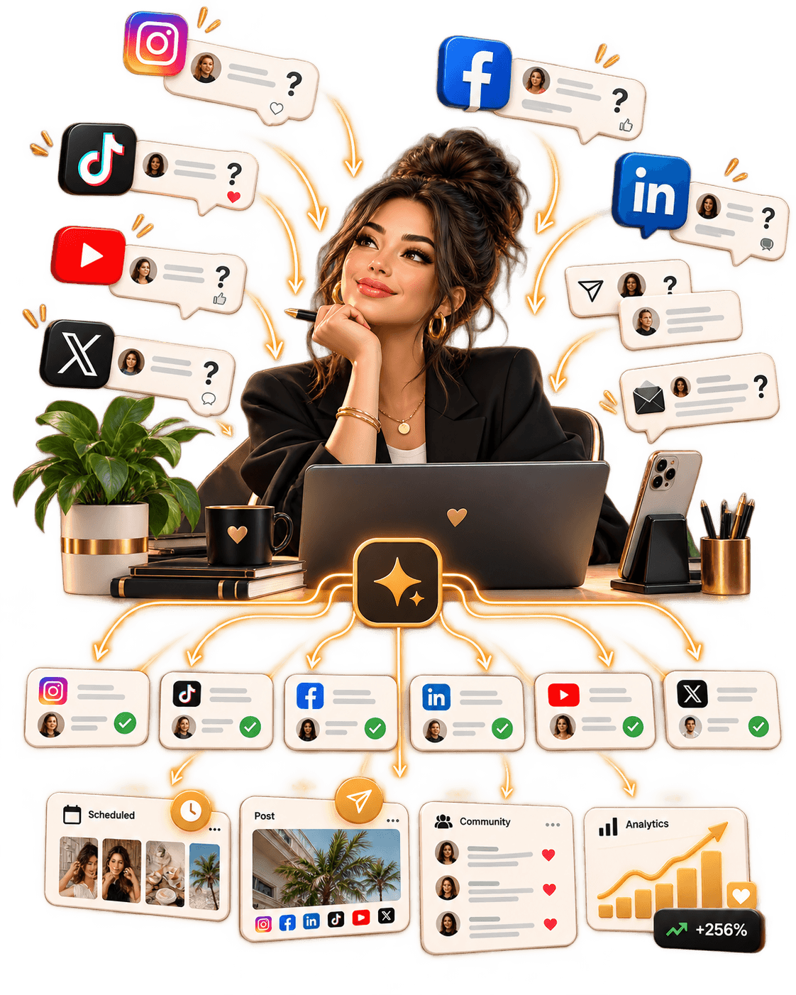 Illustration: questions from Instagram, TikTok, YouTube, X, Facebook and LinkedIn answered by one marketer and turned into scheduled posts, community replies and analytics